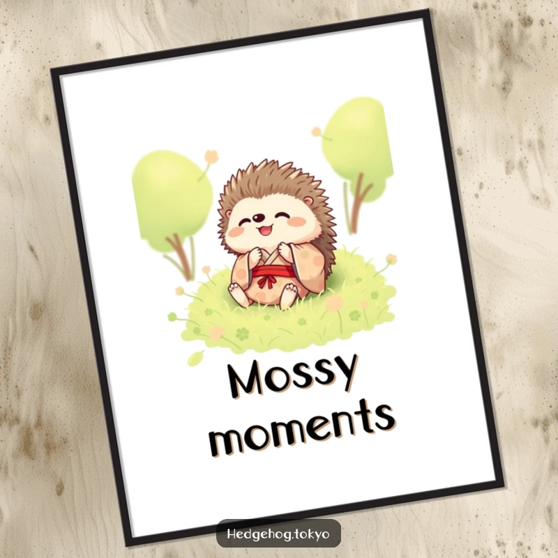 Funny poster of a hedgehog in a kimono, joyfully rolling in a patch of soft moss, creating a whimsical wall display.