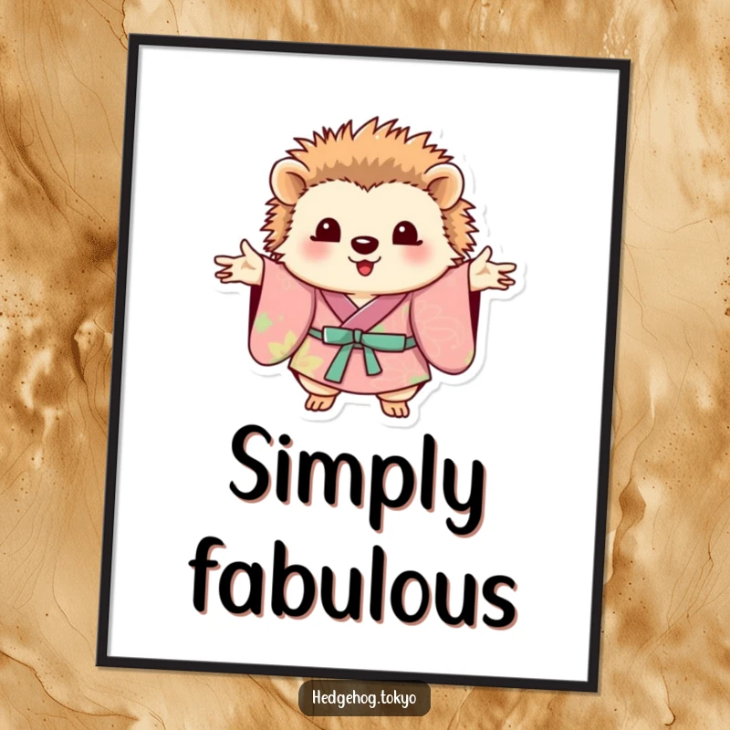 Funny hedgehog wearing a striking kimono, posing elegantly with paws outstretched, printed as a high-quality wall poster.