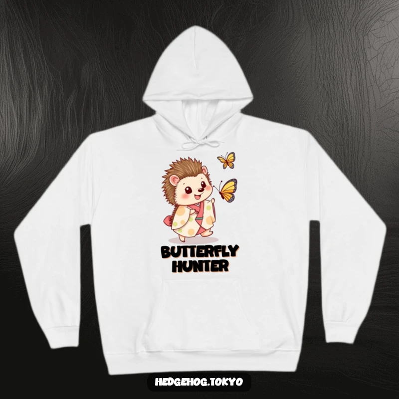 Funny Hoodie: A charming hedgehog sporting a kimono playfully chases a fluttering butterfly with utmost glee and happy-go-lucky abandon.