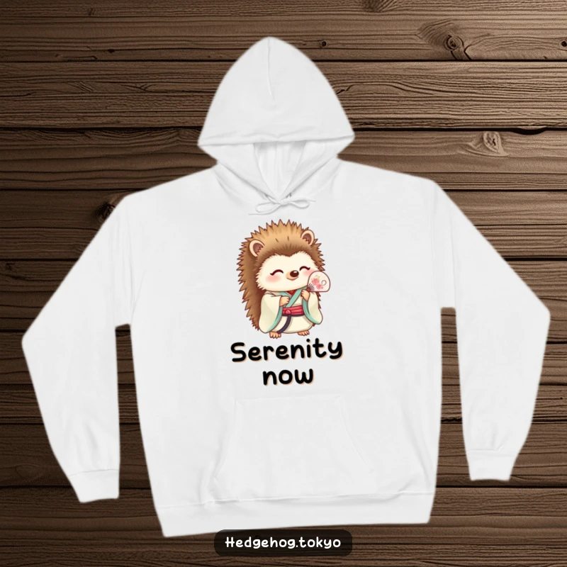 Funny Hoodie: A sophisticated hedgehog in a kimono holds a fan with a serene expression, blending calm vibes with subtle humor.