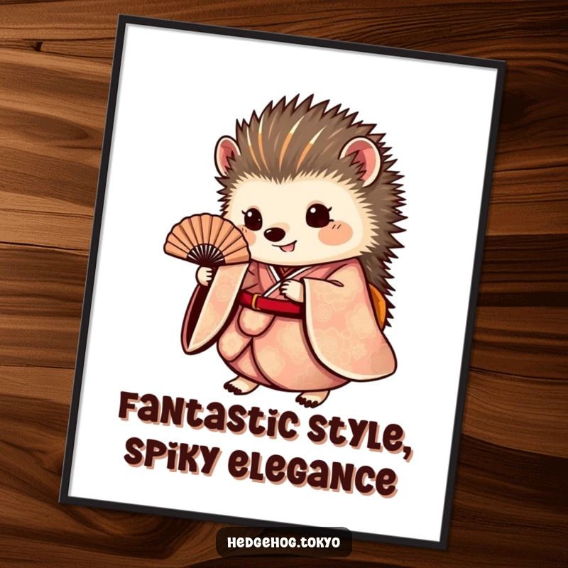 Funny Free Printable Wall Art: A round hedgehog in an ornate kimono gracefully holds a tiny fan.