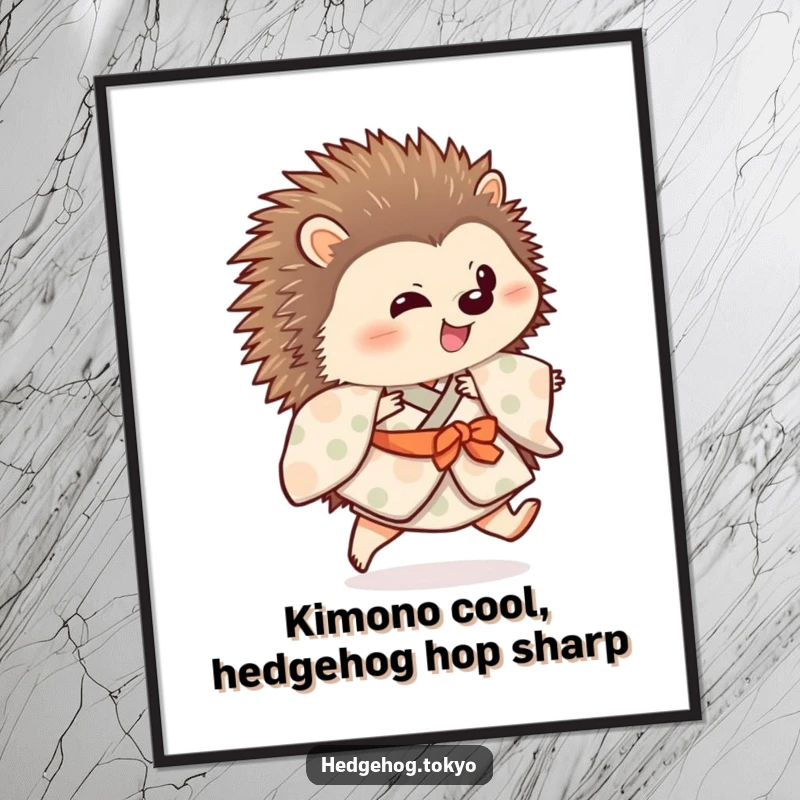 Funny Free Printable Wall Art: Hedgehog in a colorful kimono, captured mid-hop with one leg extended.