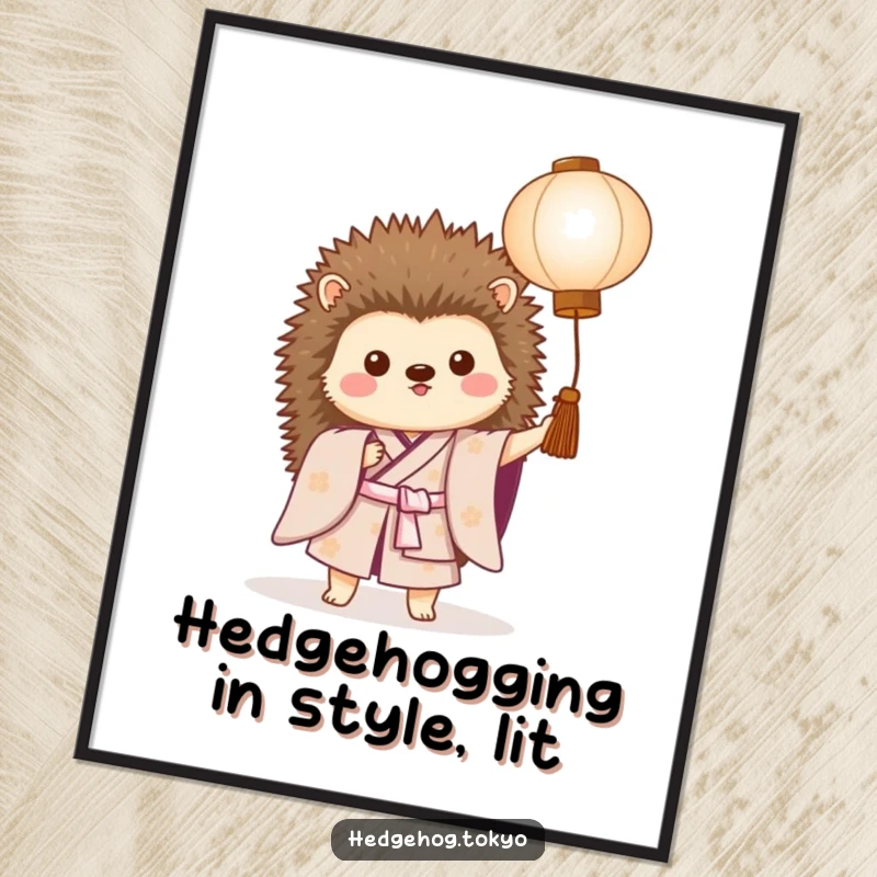 Funny Free Printable Wall Art: A proud hedgehog in a simple kimono holds a lantern, creating a cozy and humorous atmosphere.