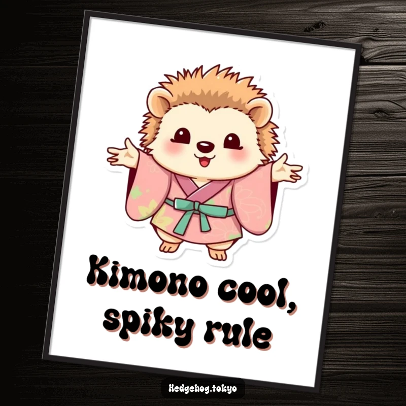 Funny Free Printable Wall Art: An adorable hedgehog in a colorful kimono poses gracefully with paws outstretched.