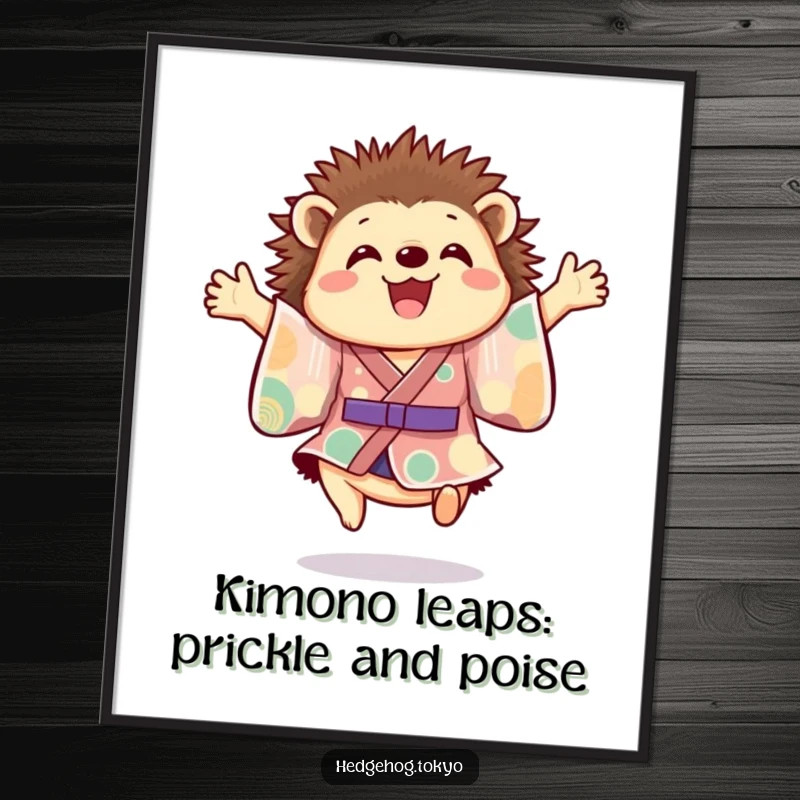 Funny Free Printable Wall Art: A cheerful hedgehog in a colorful kimono leaps exuberantly mid-air.