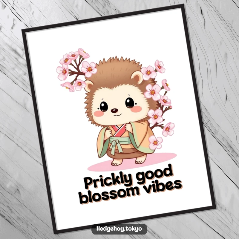 Funny Free Printable Wall Art: A curious hedgehog in a kimono peeking shyly from behind cherry blossoms, whimsical decor.