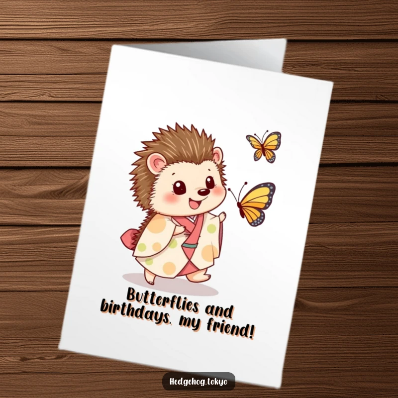 Funny Free Printable Birthday Card: Joyful hedgehog in kimono gleefully chases a butterfly, eyes wide with delight.
