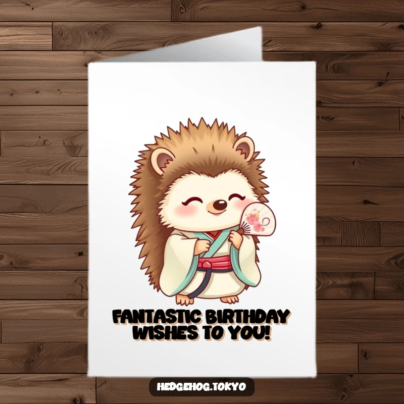Funny Free Printable Birthday Card: A hedgehog in a beautiful kimono holds a delicate fan with a peaceful, serene expression.