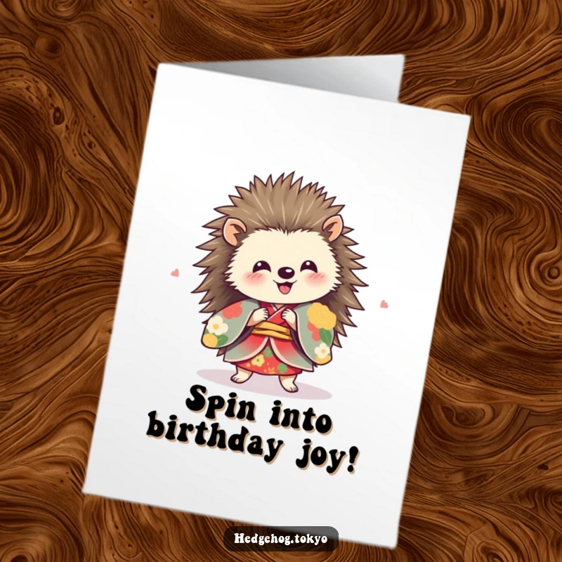 Funny Free Printable Birthday Card: A hedgehog in a vibrant kimono happily spins around with pure delight.