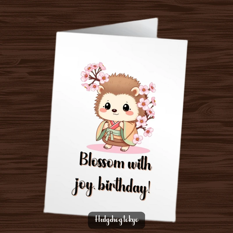 Funny Free Printable Birthday Card: A cute hedgehog in a kimono peeking from cherry blossoms, perfect for a joyful celebration.