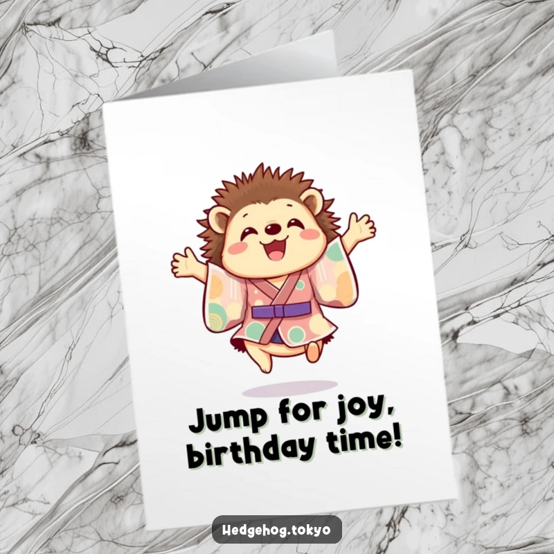 Funny Free Printable Birthday Card: A cheerful hedgehog in a colorful kimono leaps joyfully mid-air.