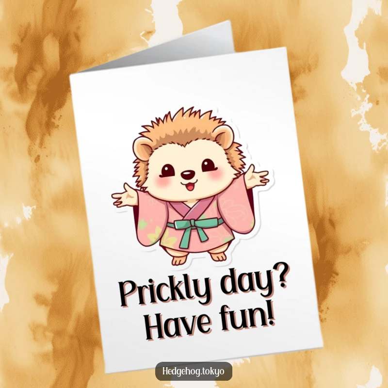 Funny Free Printable Birthday Card: A hedgehog in a colorful kimono strikes a happy, welcoming pose.
