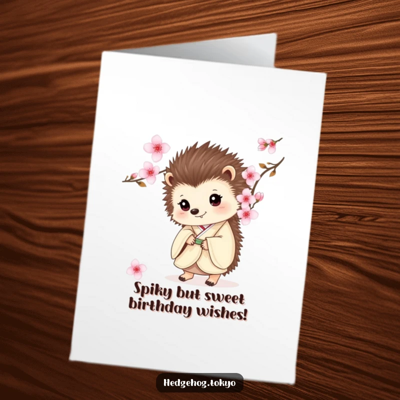 Funny free printable birthday card featuring a curious hedgehog in a kimono peeking from behind cherry blossoms.