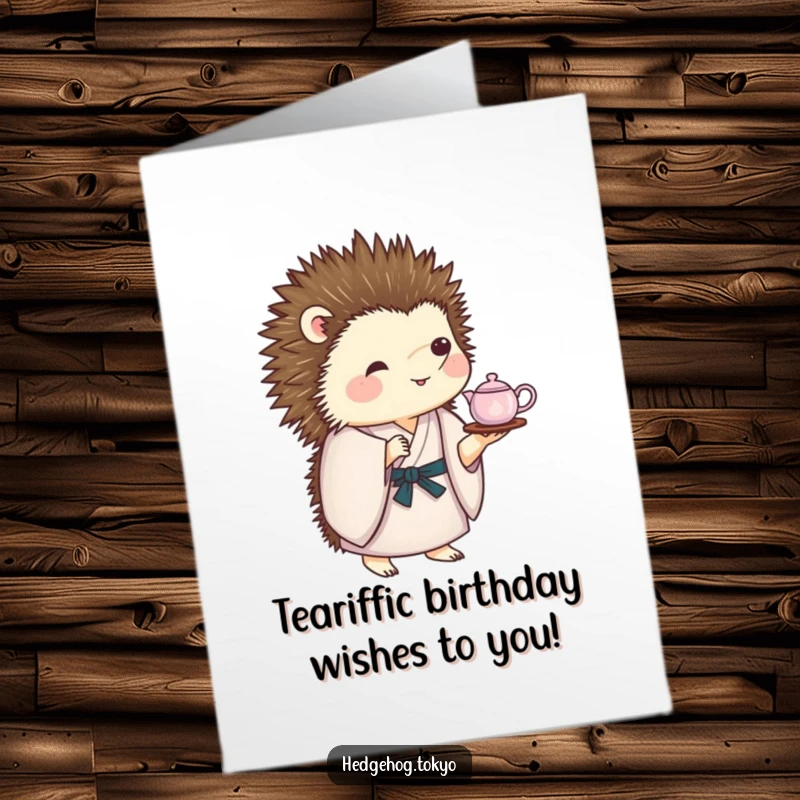 Funny Free Printable Birthday Card: Hedgehog in a kimono precariously balances a tiny tea set on its spiky back.