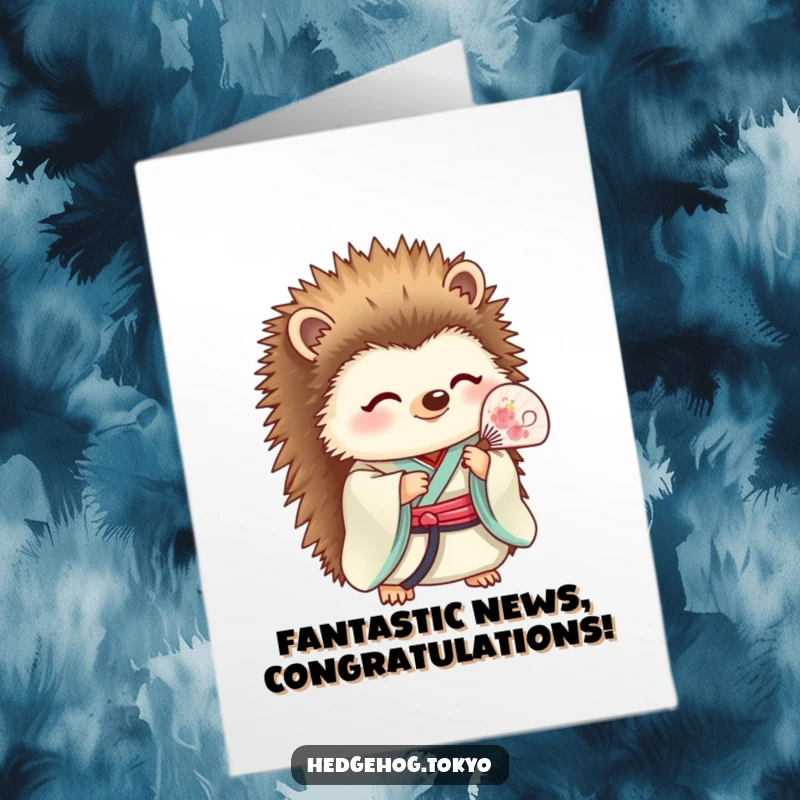 Funny Free Printable Congratulations Card: A hedgehog in an exquisite kimono gracefully holds a fan, looking serene and lovely.