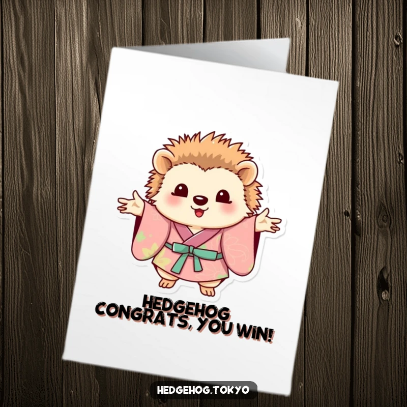 Funny Free Printable Congratulations Card: A hedgehog wearing a colorful kimono poses elegantly, ready to celebrate.