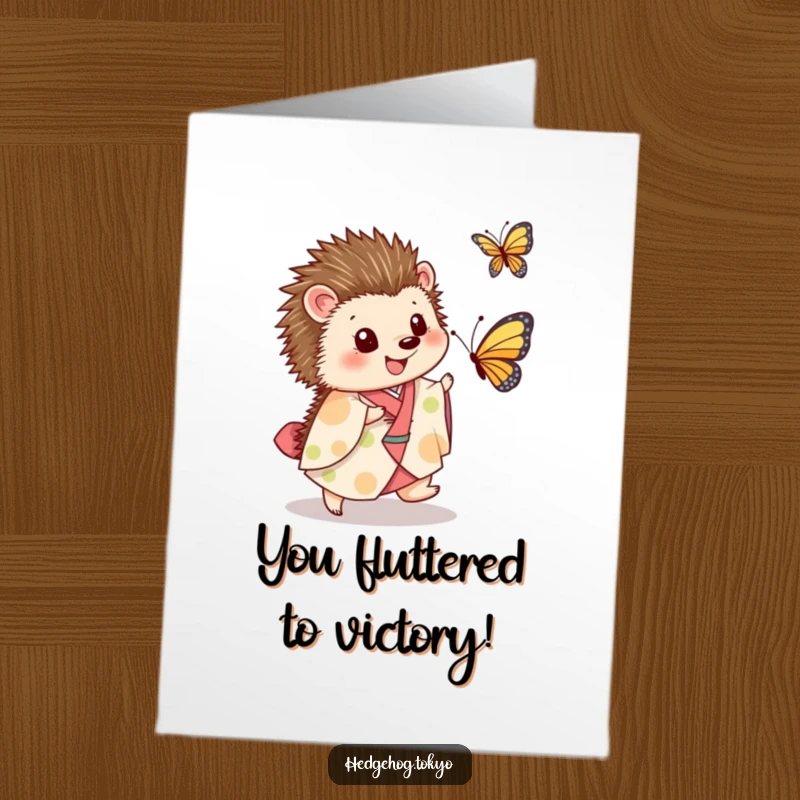 Funny Free Printable Congratulations Card: Hedgehog in a colorful kimono joyfully pursues a butterfly, full of playful energy.