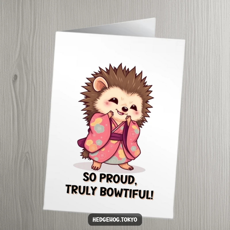 Funny Free Printable Congratulations Card: A hedgehog in a vibrant kimono performs a graceful bow, celebrating success with humorous sophistication.