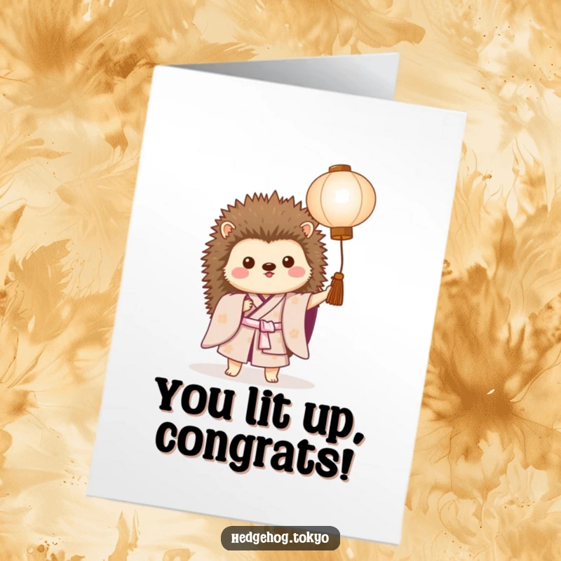 Free Printable Congratulations Card: A cheerful hedgehog in a kimono holds a lantern, signifying a happy celebration.
