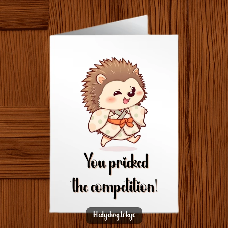 Funny Free Printable Congratulations Card: Hedgehog dressed in a kimono doing a happy, bouncy hop.