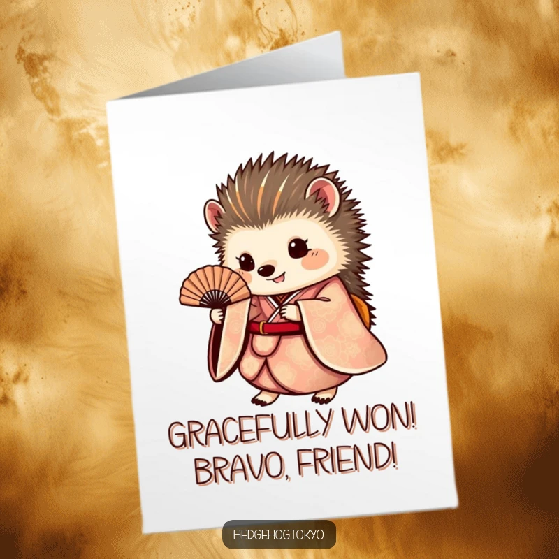 Funny Free Printable Congratulations Card: A round hedgehog in an ornate kimono holds a fan with poise.