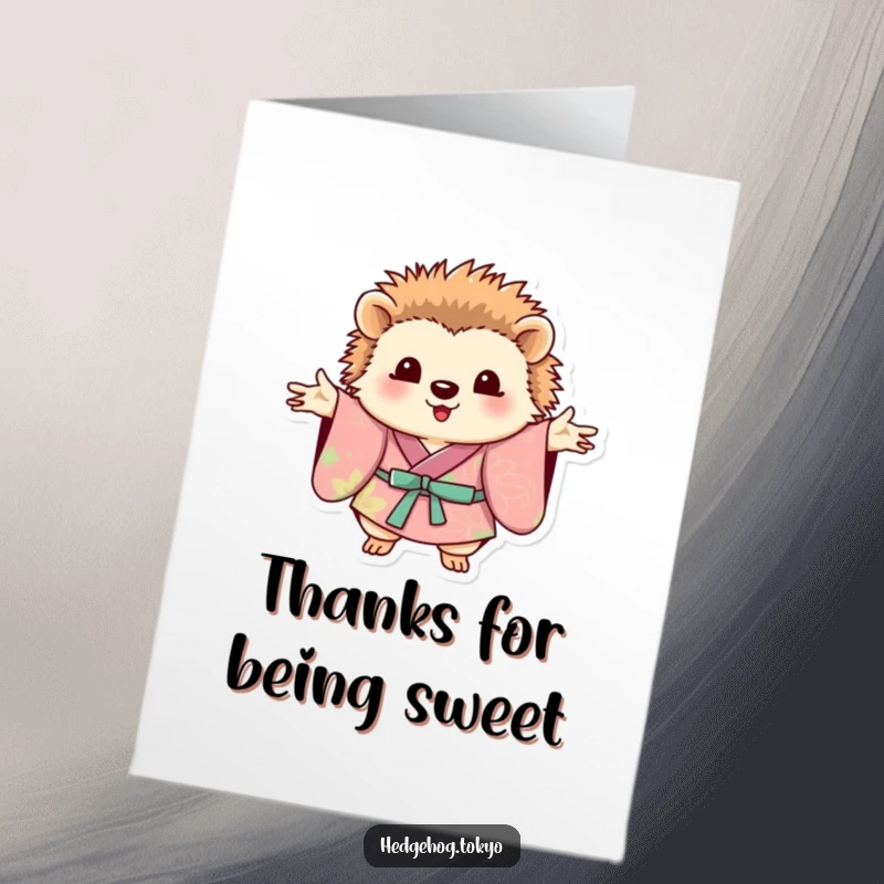 Funny Free Printable Thank You Card: A hedgehog in a vibrant kimono extends its paws in a grateful pose.