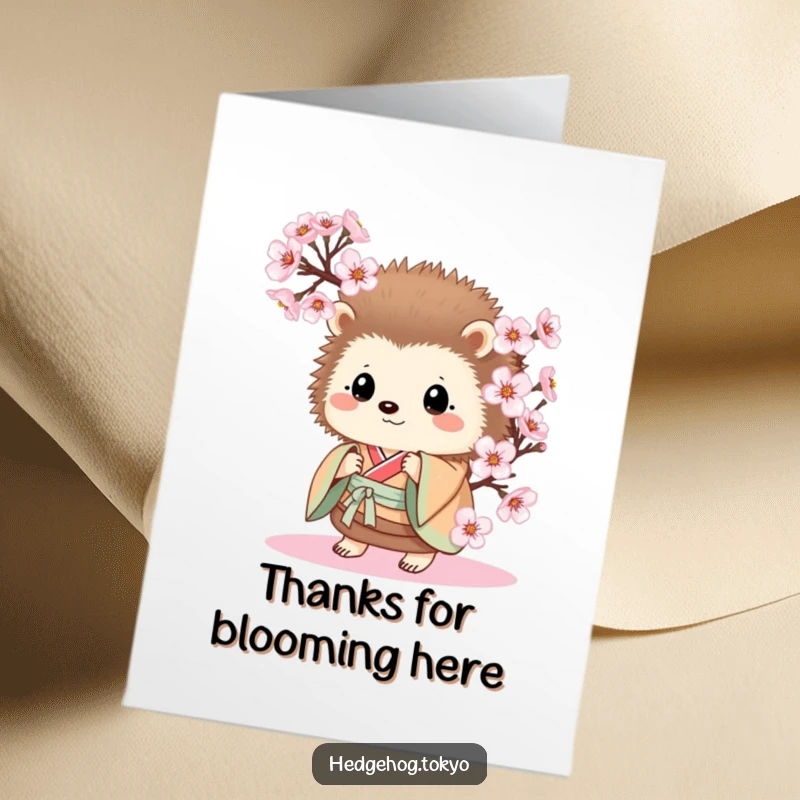 Funny Free Printable Thank You Card: A hedgehog in a kimono peeking, expressing gratitude with a sweet, shy gesture.