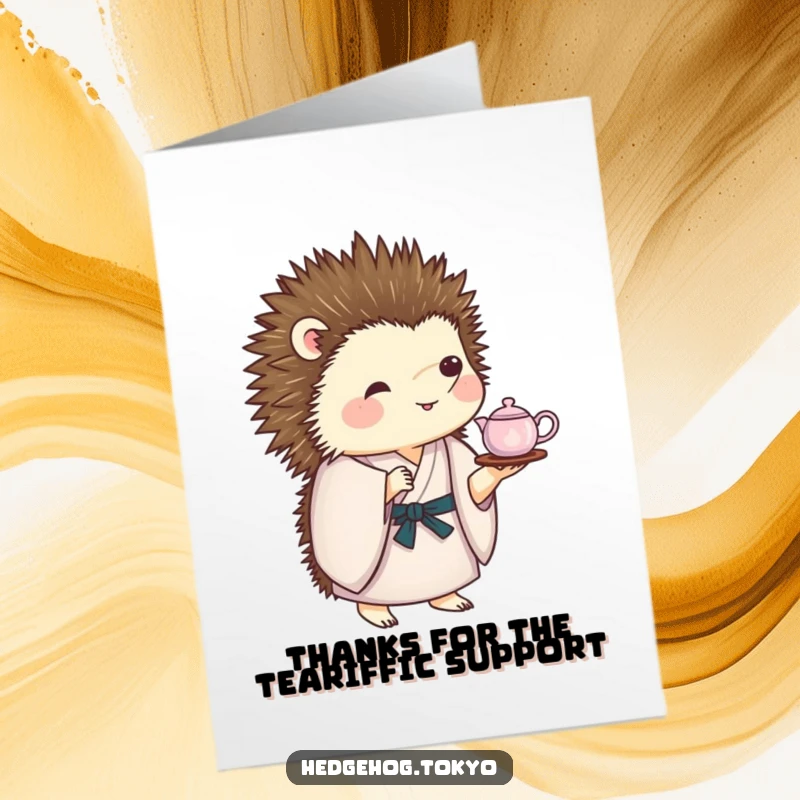 Funny Free Printable Thank You Card: A hedgehog in a kimono attempts to balance a full miniature tea set on its back.