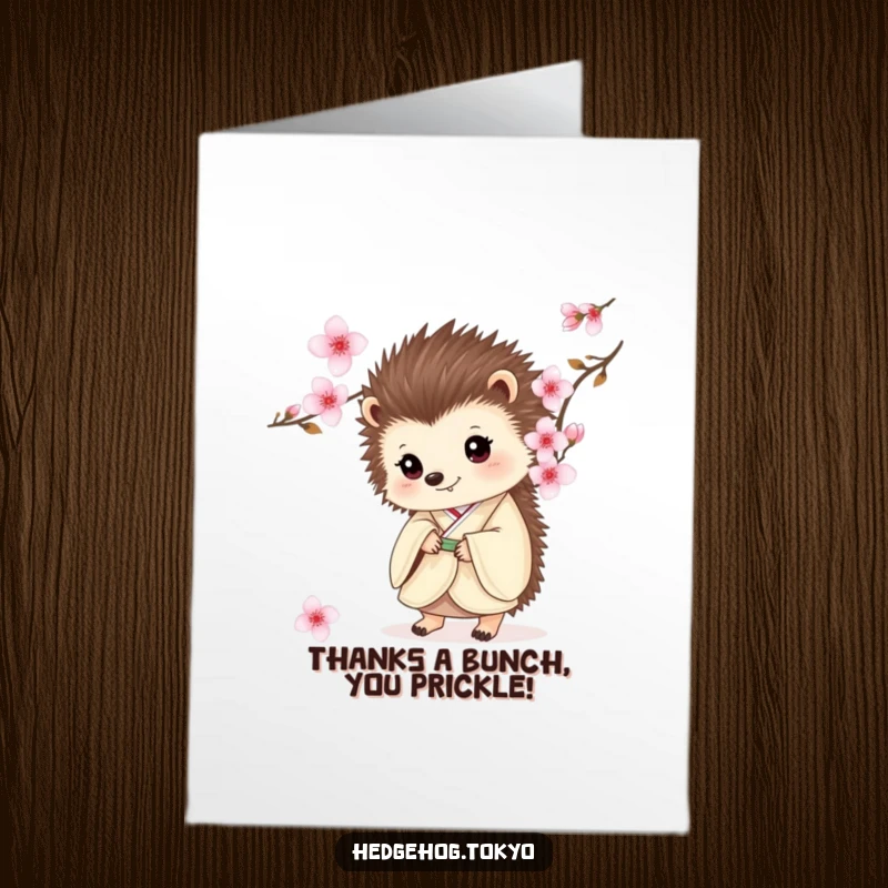 Funny free printable thank you card featuring a hedgehog in a kimono peeking from cherry blossoms.
