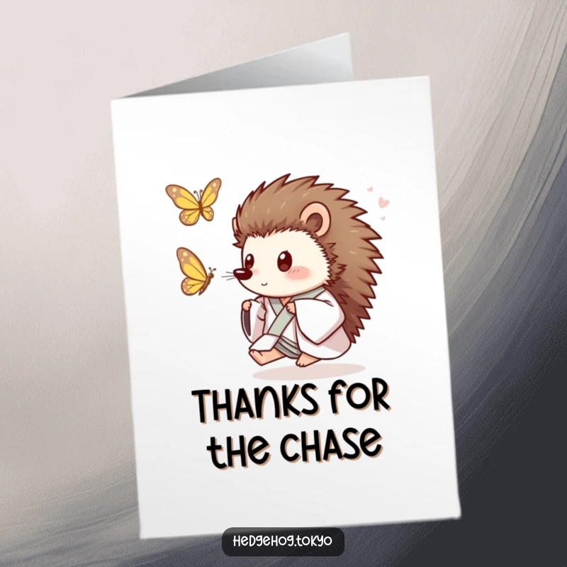Funny Free Printable Thank You Card: A playful hedgehog in a kimono chasing a butterfly, expressing happy gratitude.