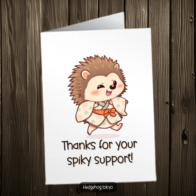Funny Free Printable Thank You Card: Hedgehog in a beautiful kimono performing a cheerful, one-legged hop.