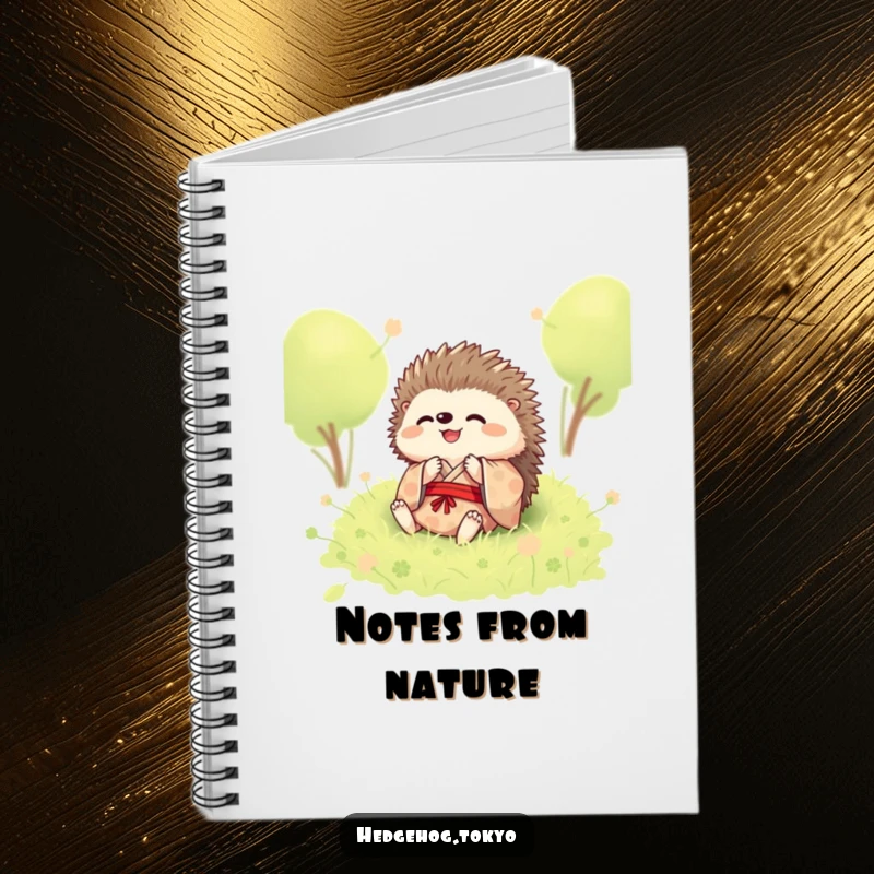 Funny notebook with a hedgehog in a kimono, rolling joyfully in soft moss, perfect for capturing thoughts and ideas.