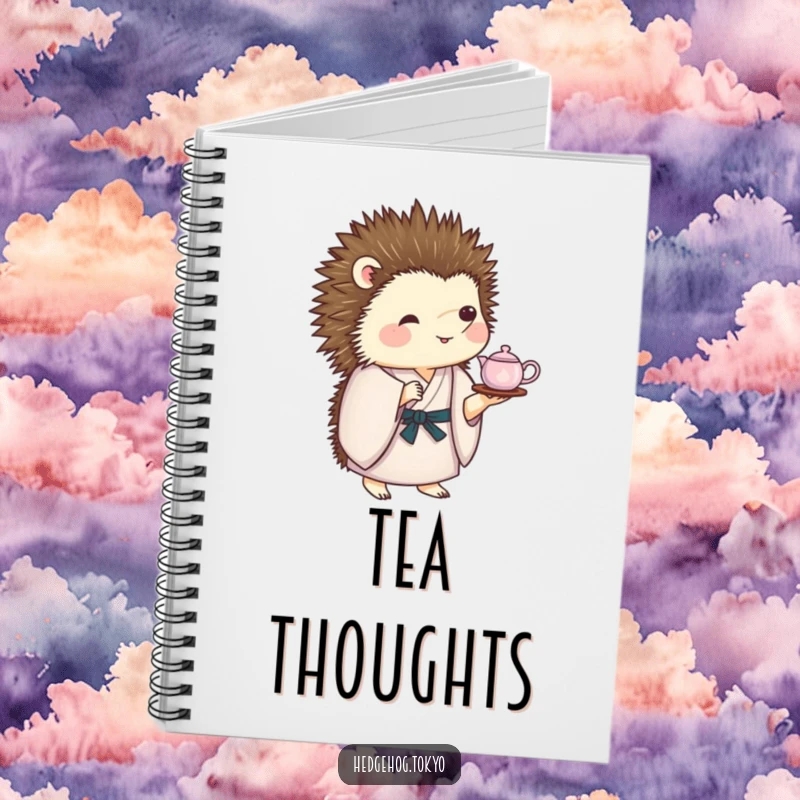 Funny Notebook: A hedgehog in a kimono balances a tea set on its spiky back, symbolizing careful thought and humorous creativity.