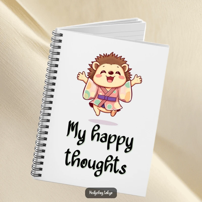 Funny hedgehog notebook showing a cheerful hedgehog in a colorful kimono leaping mid-air, designed for jotting down joyful thoughts and creative inspiration.