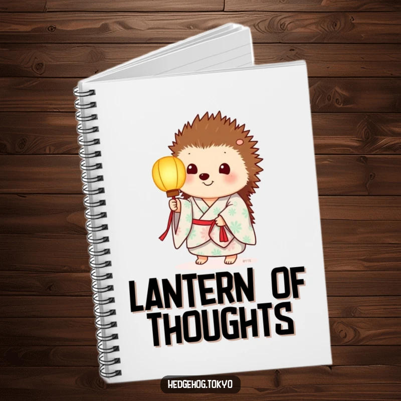 Funny notebook with a hedgehog in a summer kimono, holding a paper lantern that emits a gentle, ambient glow.