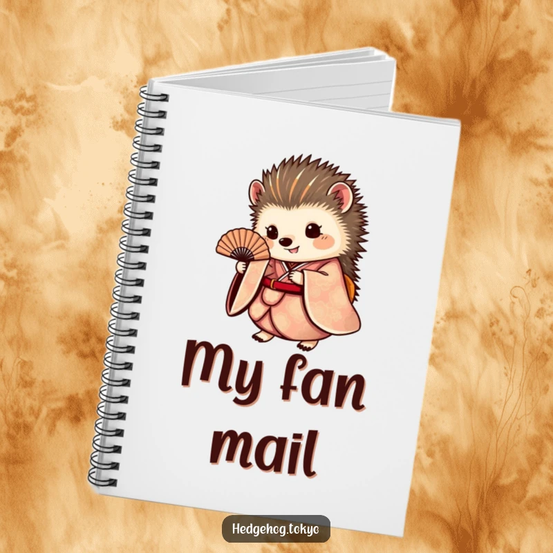 Funny hedgehog notebook showing a round hedgehog in an ornate kimono holding a fan, designed for jotting down elegant thoughts and creative ideas.