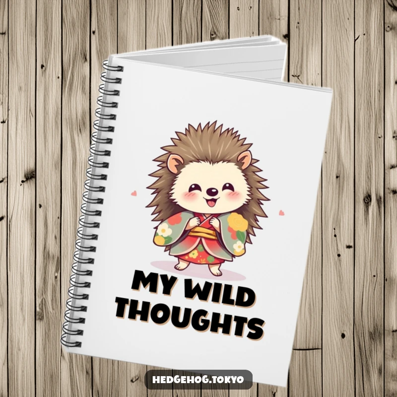Funny hedgehog in a vibrant kimono, spinning with delight on the cover of a stylish notebook.