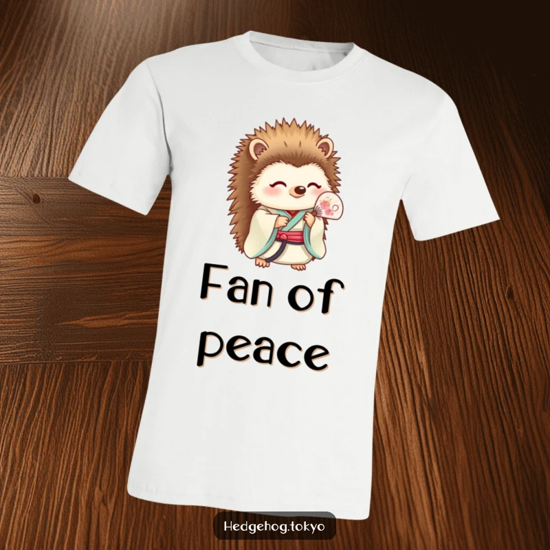 Funny T-Shirt: A peaceful hedgehog dressed in a kimono elegantly wields a delicate fan, offering a moment of calm humor.
