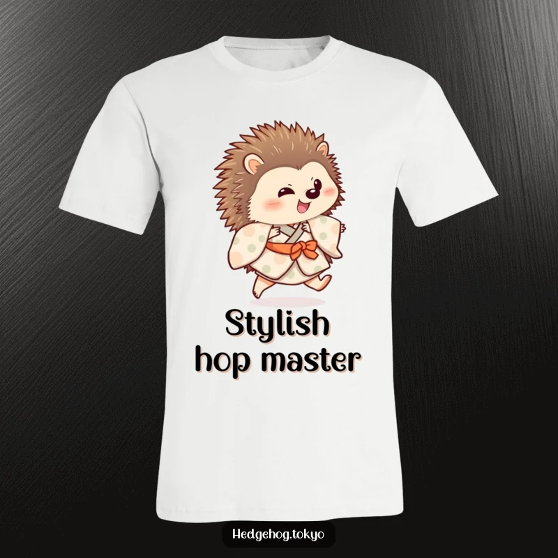 Funny hedgehog dressed in a vibrant, patterned kimono is shown doing a playful hop with one leg elegantly extended on a t-shirt.