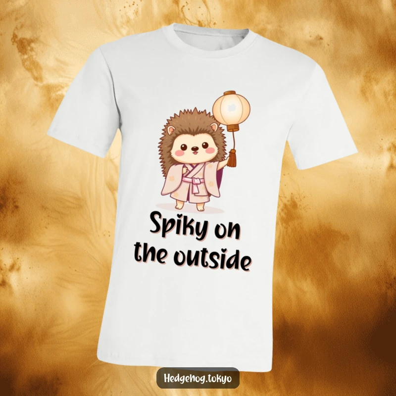 Funny t-shirt with a proud hedgehog in a kimono, holding a lantern, showcasing a unique blend of courage and cuteness.