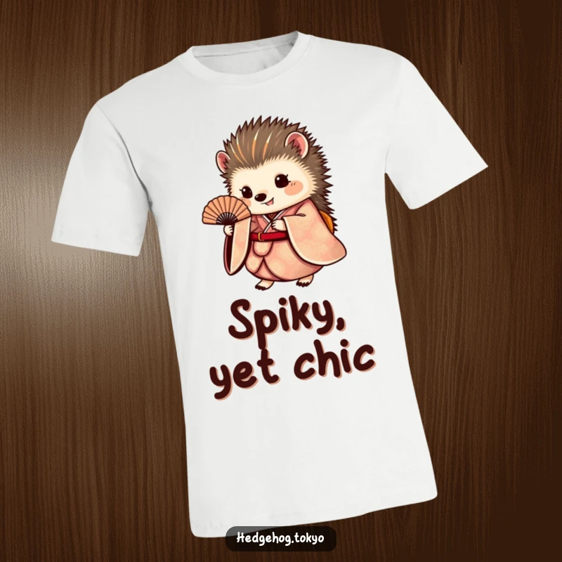 Funny hedgehog t-shirt depicting a small, round hedgehog wearing a flowing, ornate kimono and holding a delicate fan with poise.