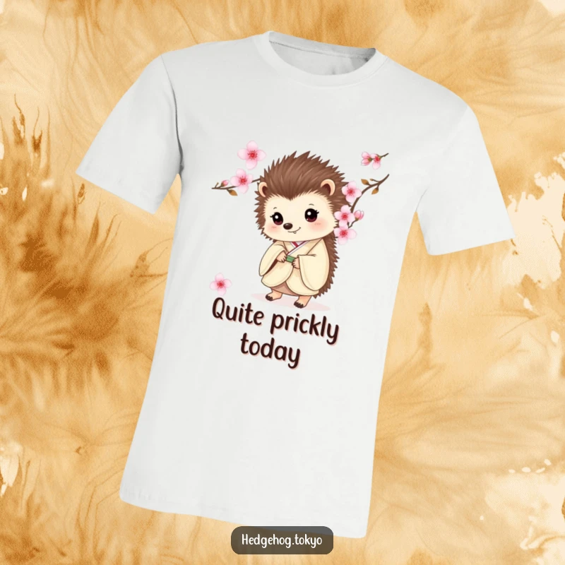 Funny t-shirt with a hedgehog in a kimono, peeking from behind a blooming cherry blossom, conveying curiosity and charm.