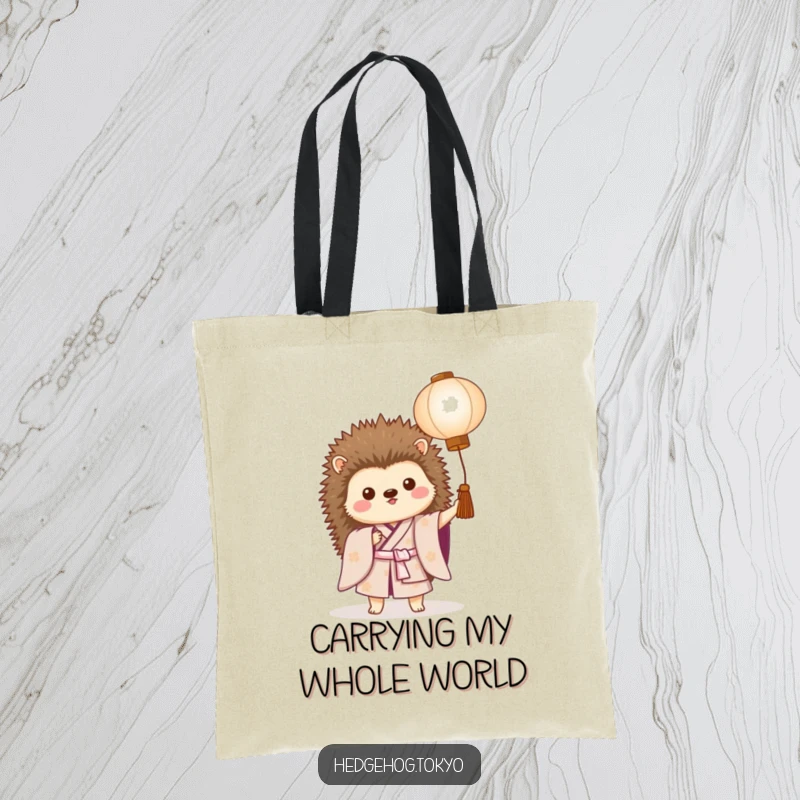 Funny tote bag featuring a proud hedgehog in a kimono holding a lantern, ideal for carrying essentials with a smile.
