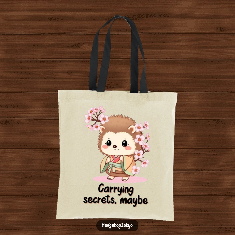 Funny Hedgehog Tote Bag: A curious hedgehog in a kimono peeks from behind cherry blossoms, a humorous and practical accessory.