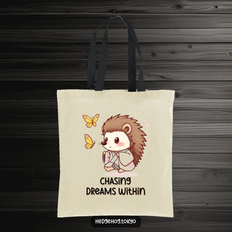 Funny Hedgehog Tote Bag: A playful hedgehog in a loose kimono excitedly chases a fluttering butterfly, a humorous and functional accessory.