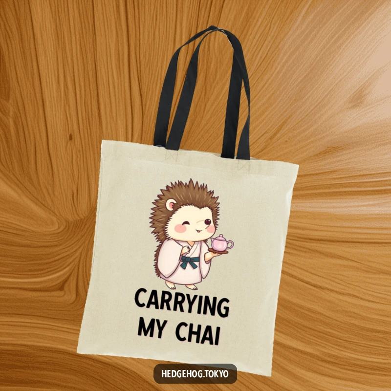 Funny Tote Bag: A delightful hedgehog in a kimono balances a miniature tea set on its back, adding a humorous and charming touch.
