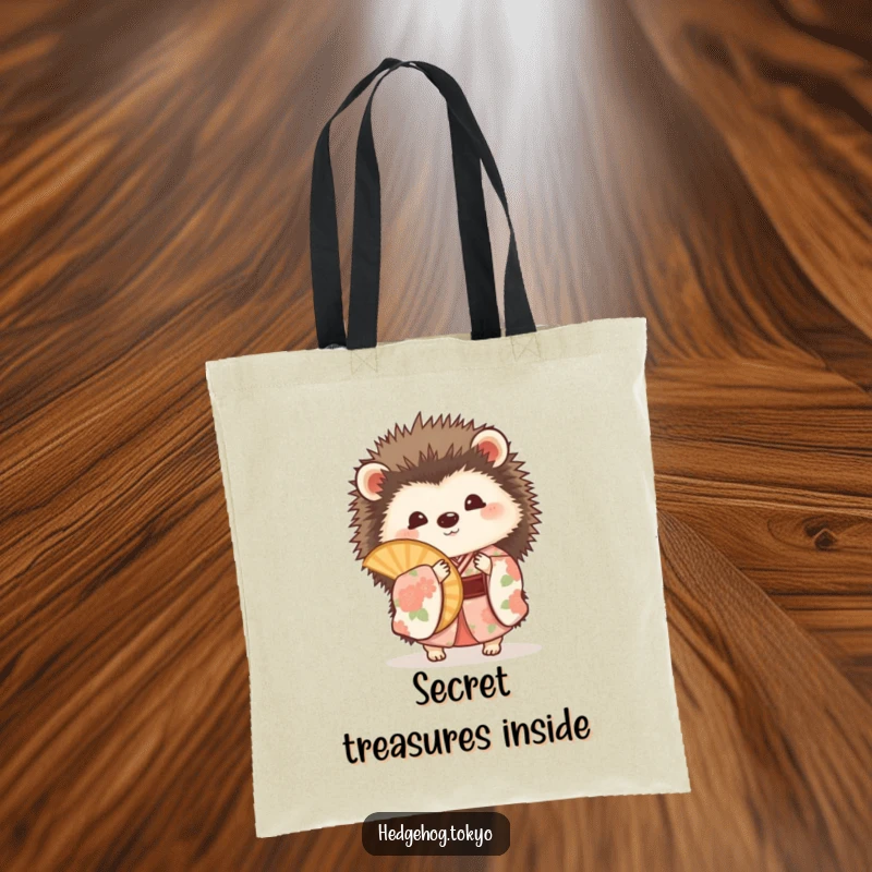 Funny hedgehog in a floral kimono, playing peekaboo from behind a fan, on a durable and stylish tote bag.